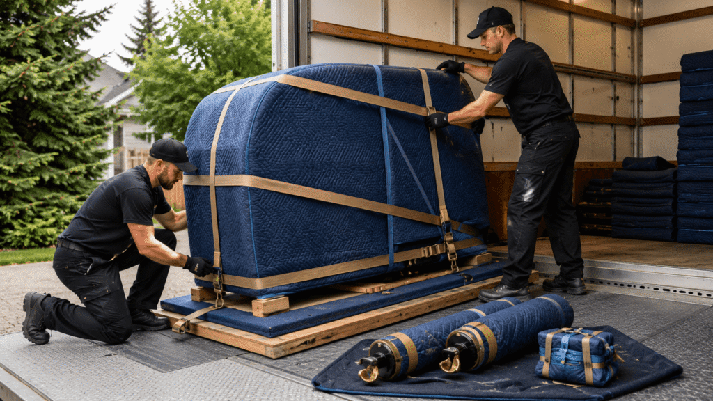 Movers securing a wrapped piano for long-distance piano transport in Canada