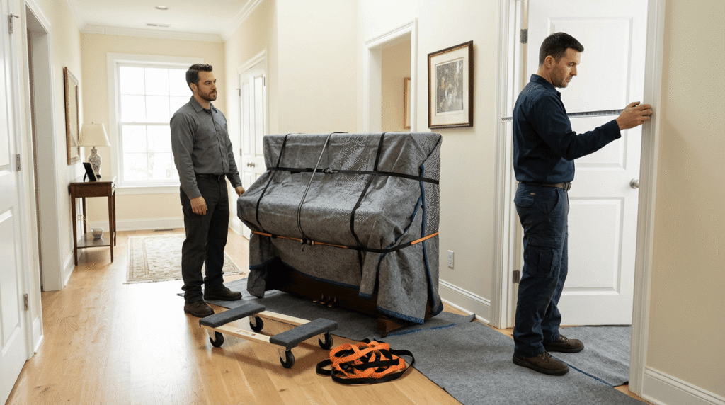 how to move a piano safely by measuring a doorway and planning the moving route