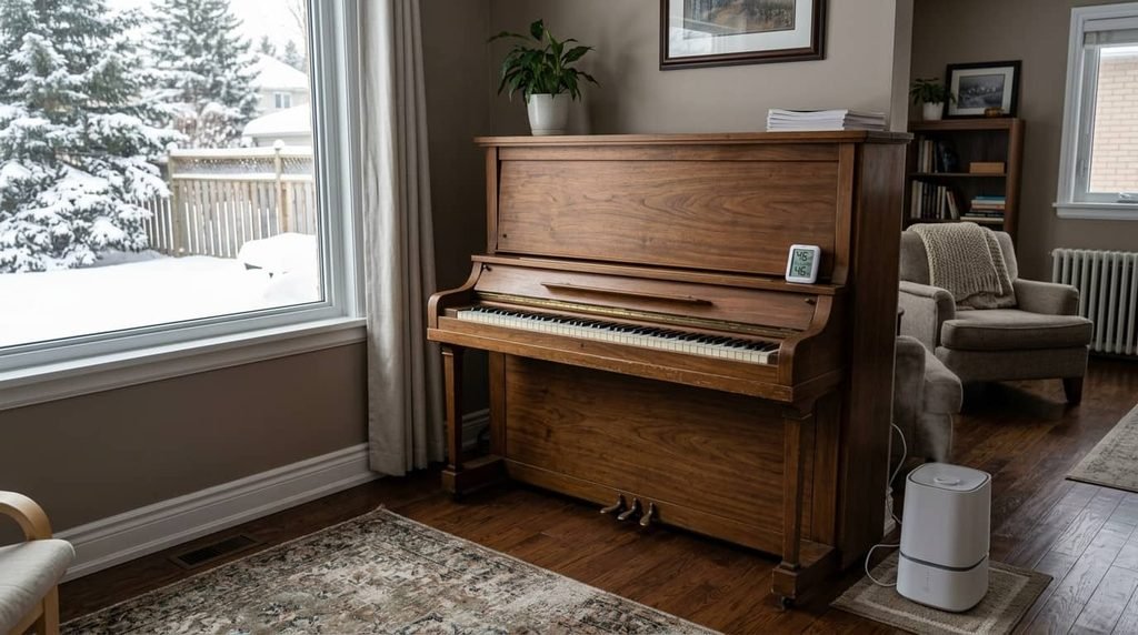 piano humidity in winter with an upright piano, hygrometer, and humidifier in a Canadian home