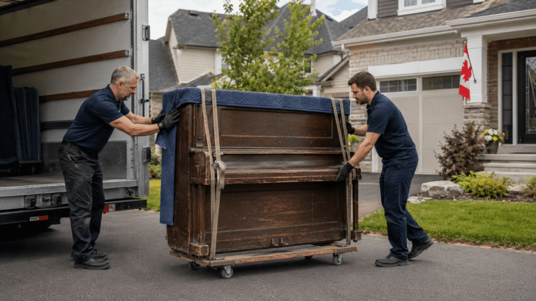 Professional movers handling an upright piano during piano removal in Canada