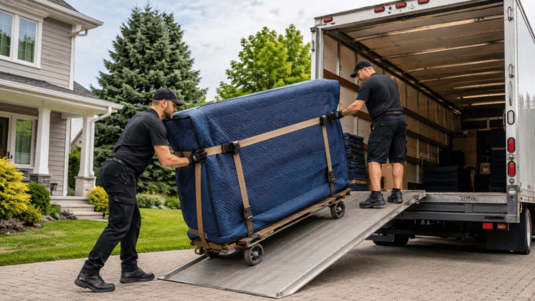 Professional movers loading a piano for long-distance piano transport in Canada