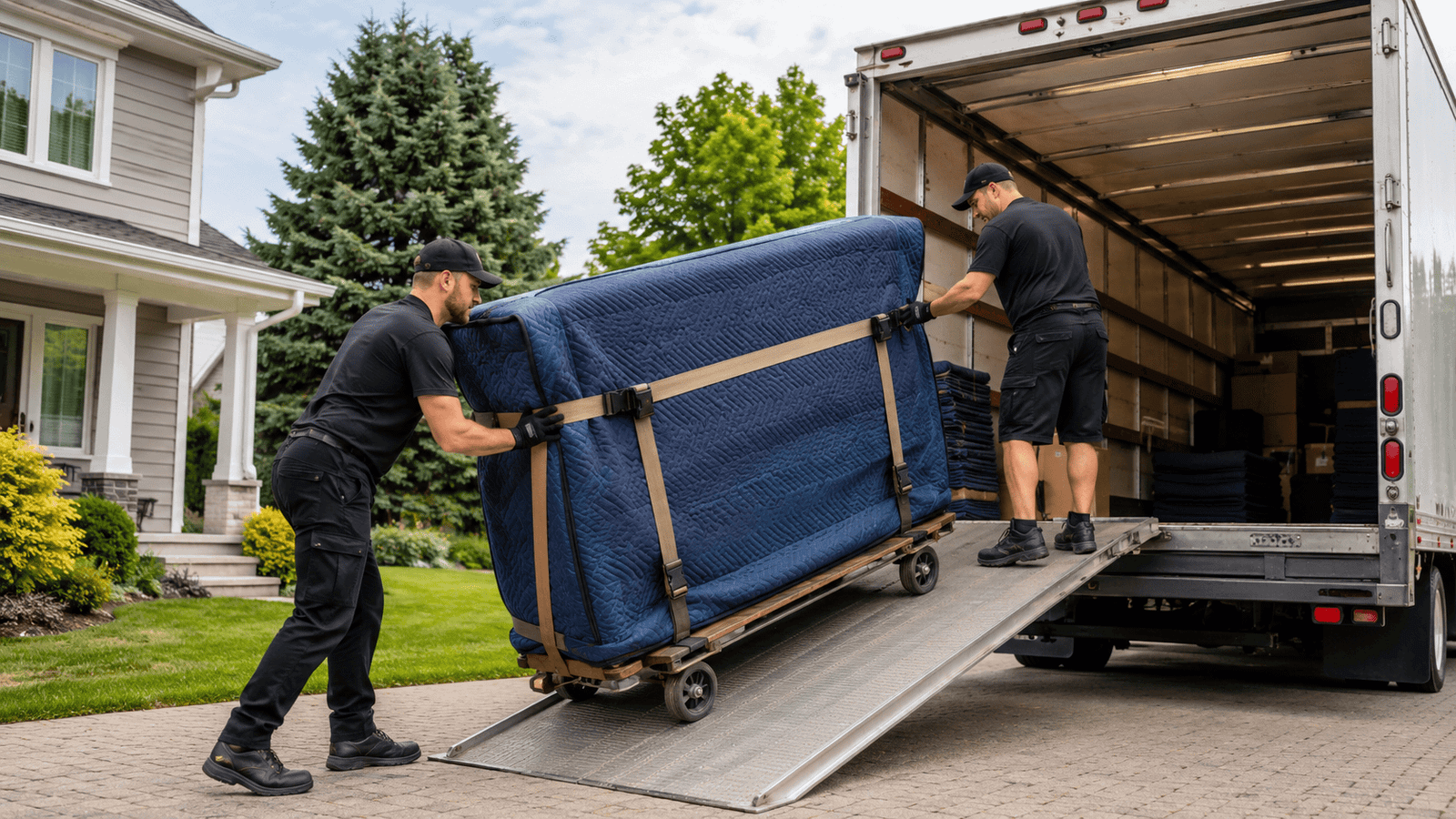 Professional movers loading a piano for long-distance piano transport in Canada