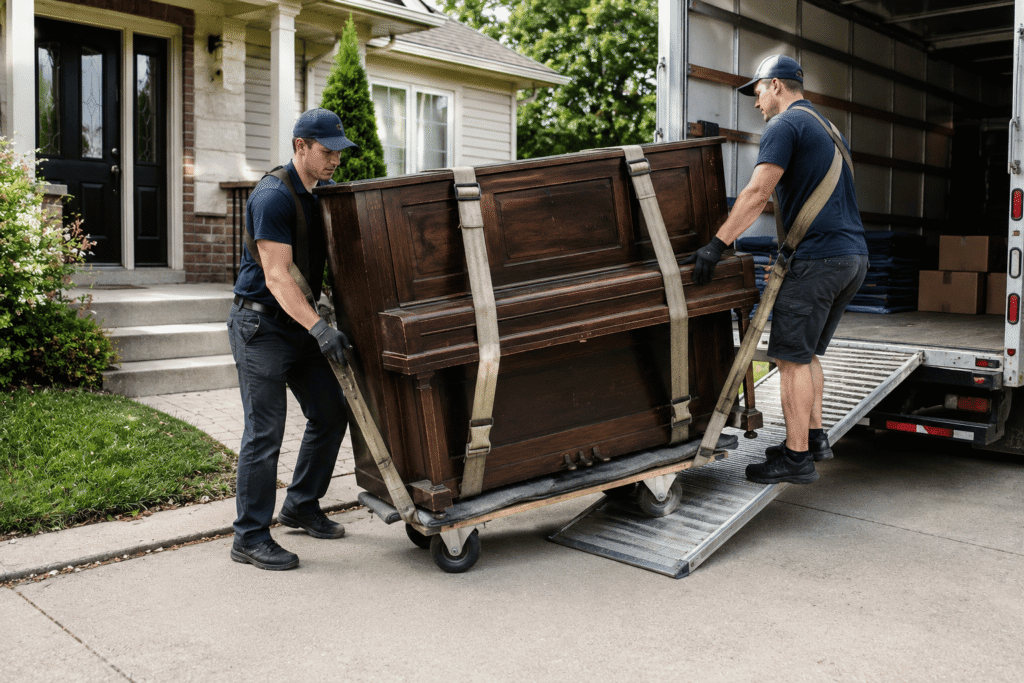 Professional movers loading an upright piano during a piano removal service in Canada