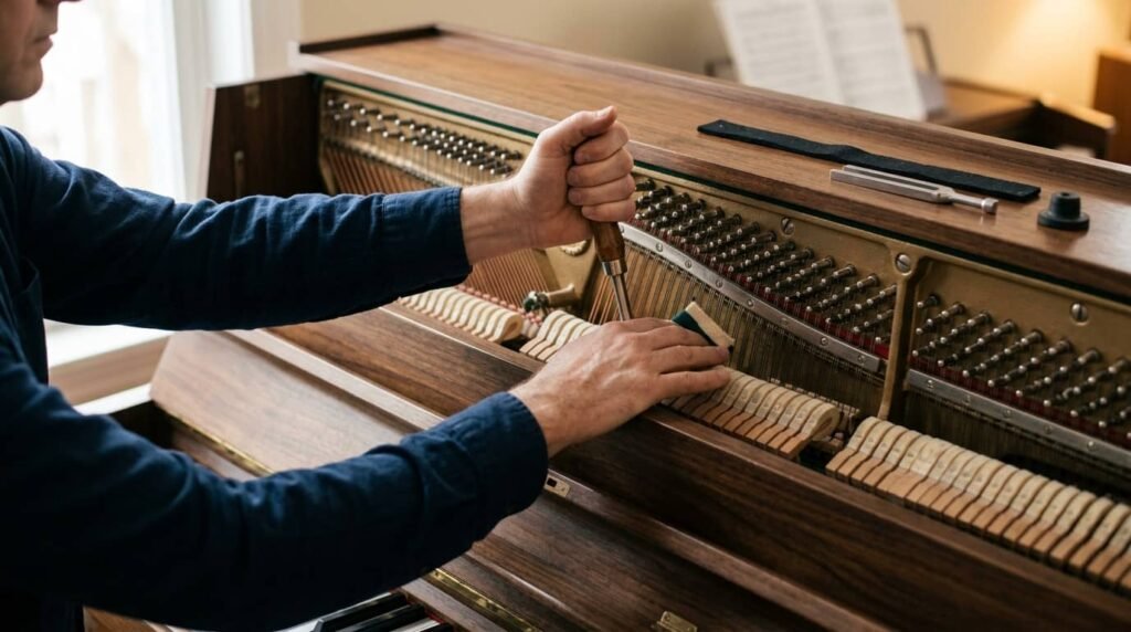 piano tuning technician adjusting an upright acoustic piano during a professional tuning appointment