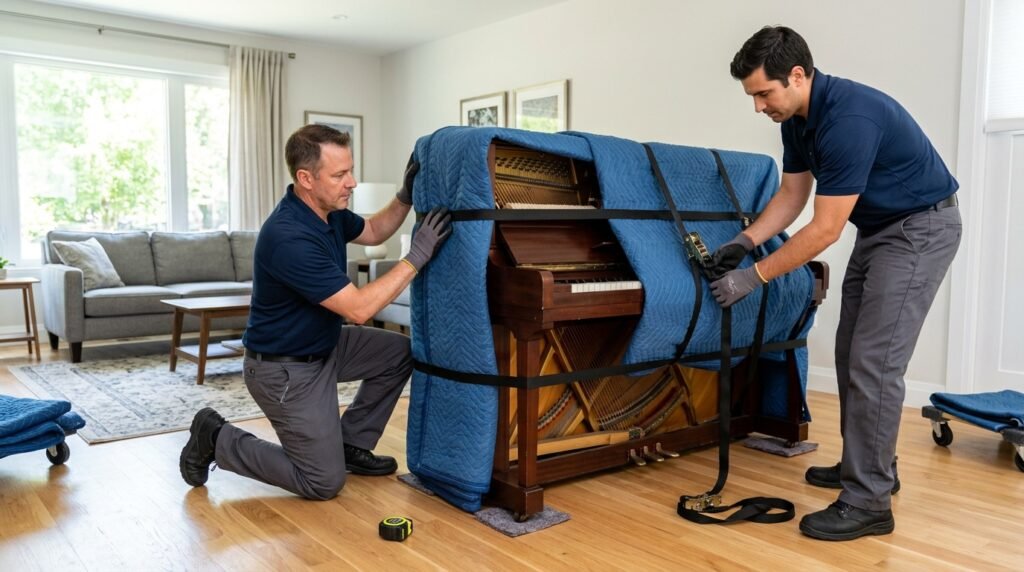 upright piano weight with professional movers securing a piano for transport