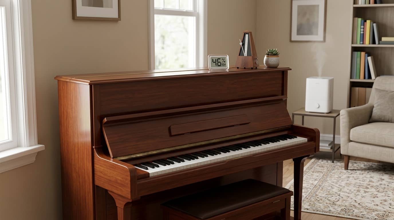 what is the best humidity for a piano with an upright piano, hygrometer, and humidifier in a home