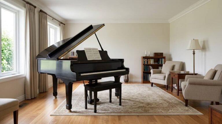 where should you put a piano in your home with a grand piano positioned in a spacious living room