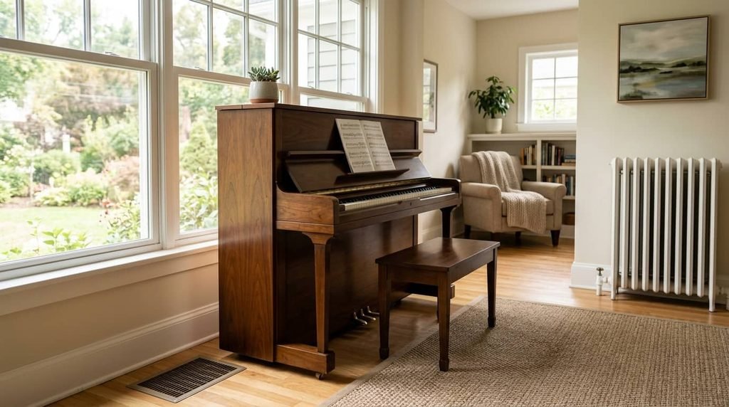 where should you put a piano in your home showing an upright piano near windows, a floor vent, and a radiator