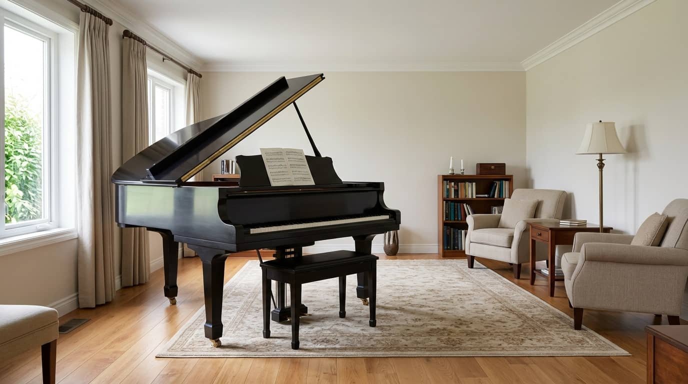 where should you put a piano in your home with a grand piano positioned in a spacious living room