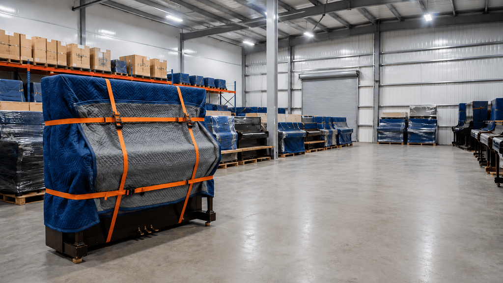 Upright and grand pianos protected in a climate-controlled piano storage facility in Canada