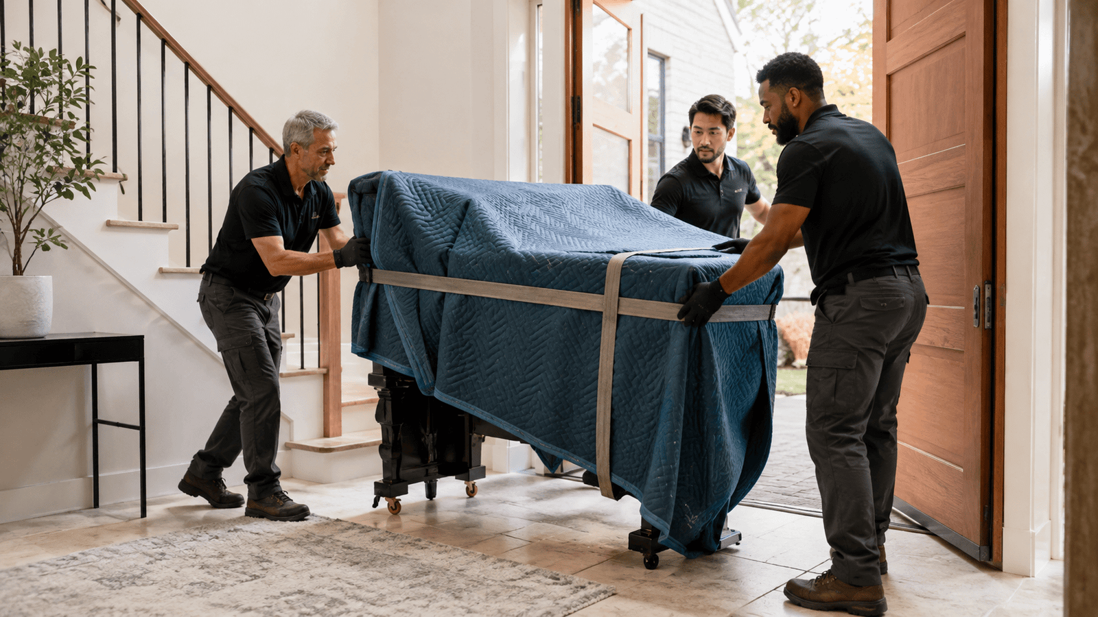 Moving a Grand Piano Through a Doorway Professional movers carefully moving a grand piano through a doorway