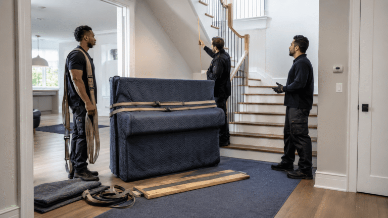 Professional piano movers assessing a staircase before moving an upright piano upstairs