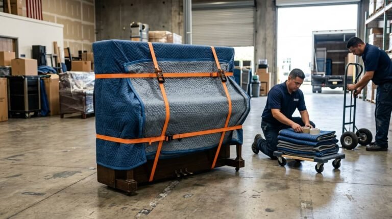 Upright piano wrapped and protected in a professional storage facility in Canada