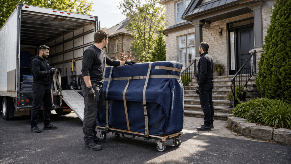 Movers preparing to move piano upstairs Professional movers planning how to move a piano upstairs at a residential home